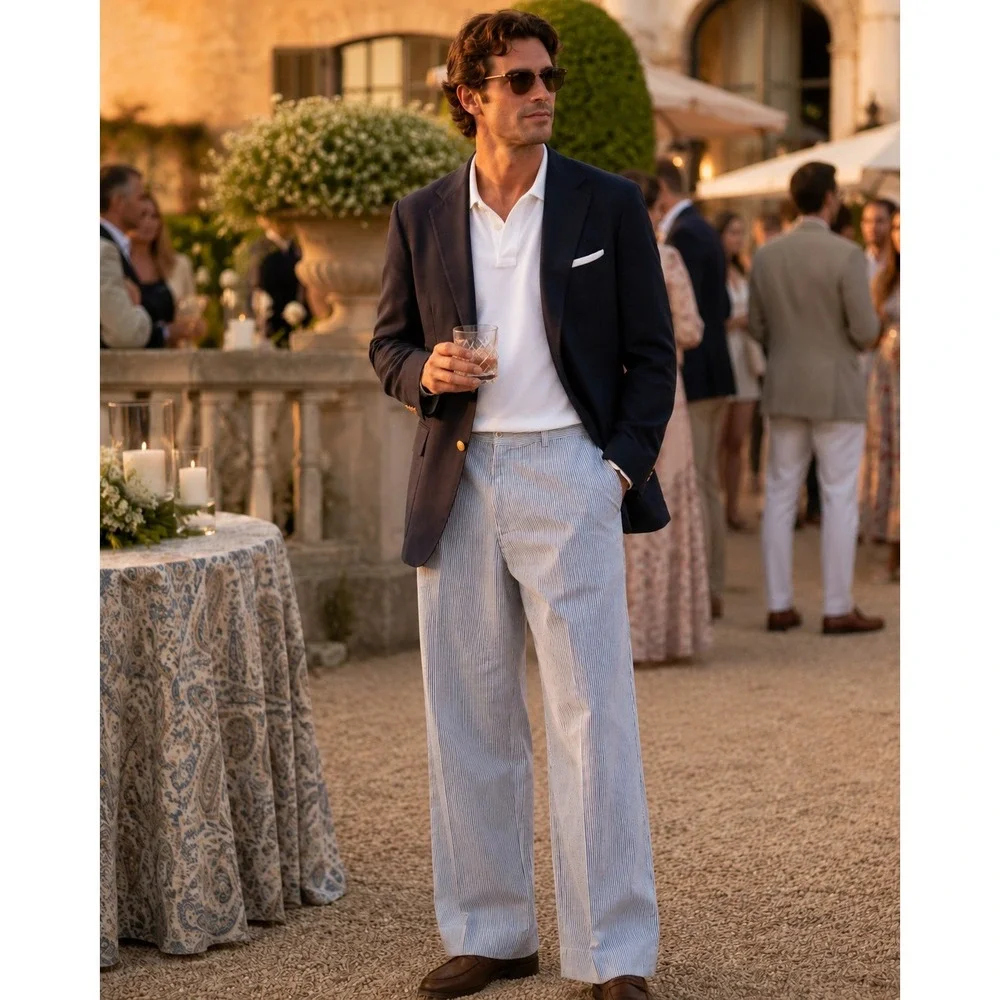 Mens Polo Lauren Blue White Seersucker Striped Cotton Pants 36x30 Preppy Summer